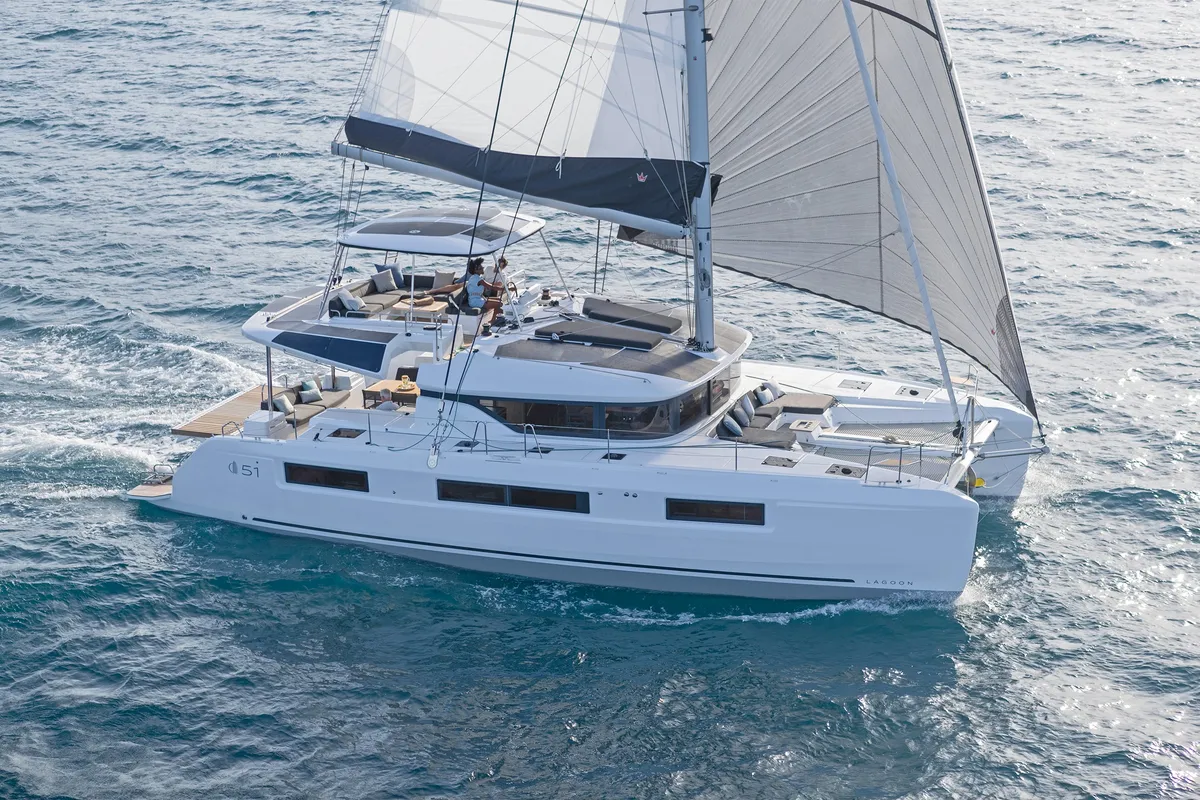 Exterior view of Babalu, a Lagoon 51 catamaran at Athens, Greece