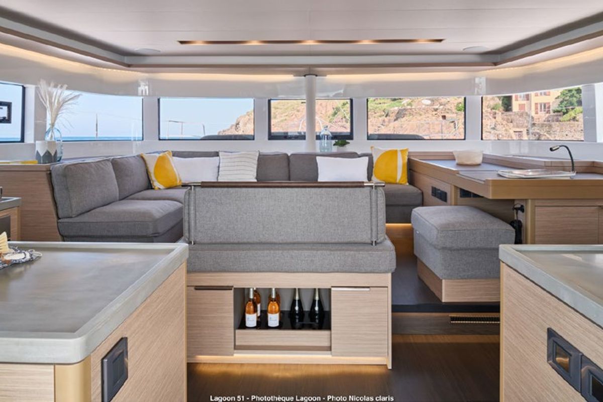Salon of Babalu, a Lagoon 51 catamaran at Athens, Greece