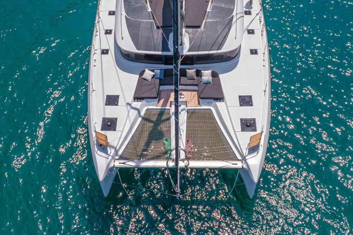 Exterior view of Babalu, a Lagoon 51 catamaran at Athens, Greece