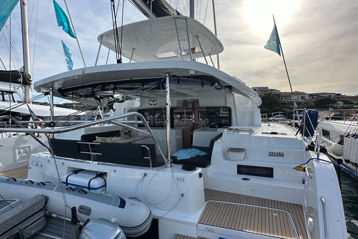 Exterior view of Granma, a Lagoon 46 catamaran at Olbia, Italy