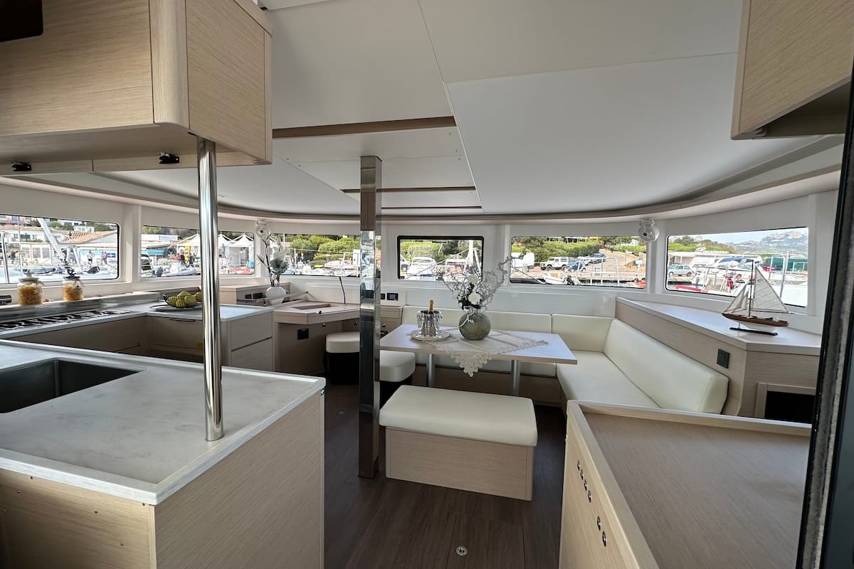 Salon of Granma, a Lagoon 46 catamaran at Olbia, Italy