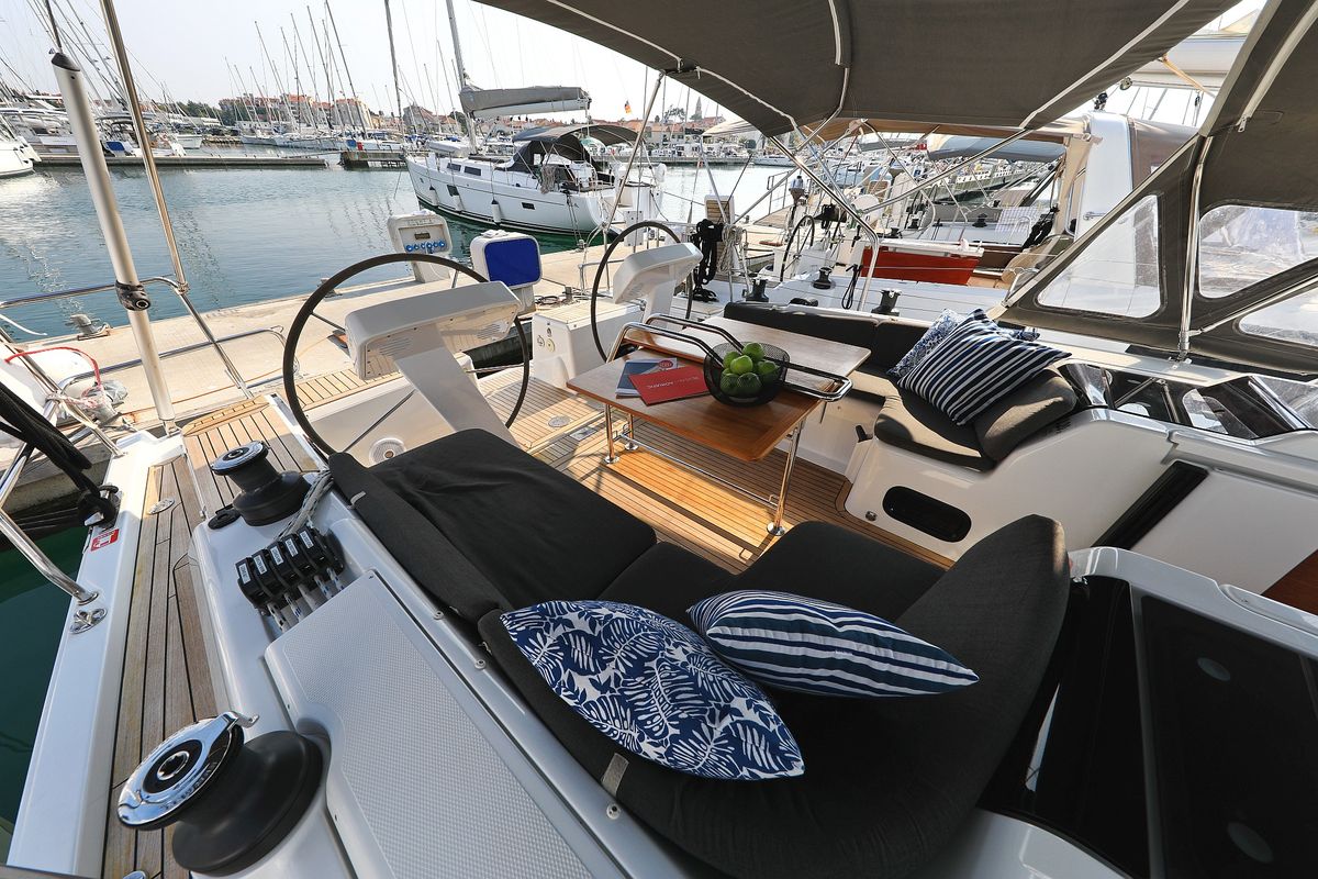 Cockpit of Amarena, a Hanse Yachts Hanse 458 sailboat at Općina Sukošan, Croatia
