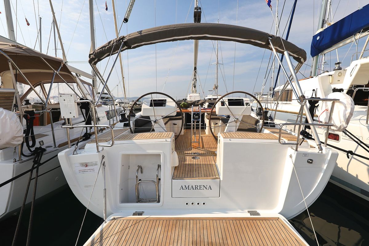 Exterior view of Amarena, a Hanse Yachts Hanse 458 sailboat at Općina Sukošan, Croatia