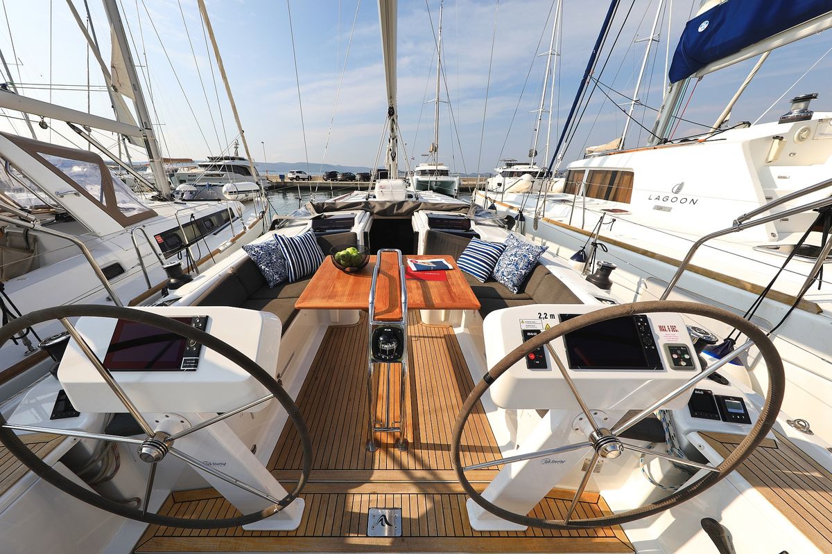 Cockpit of Amarena, a Hanse Yachts Hanse 458 sailboat at Općina Sukošan, Croatia