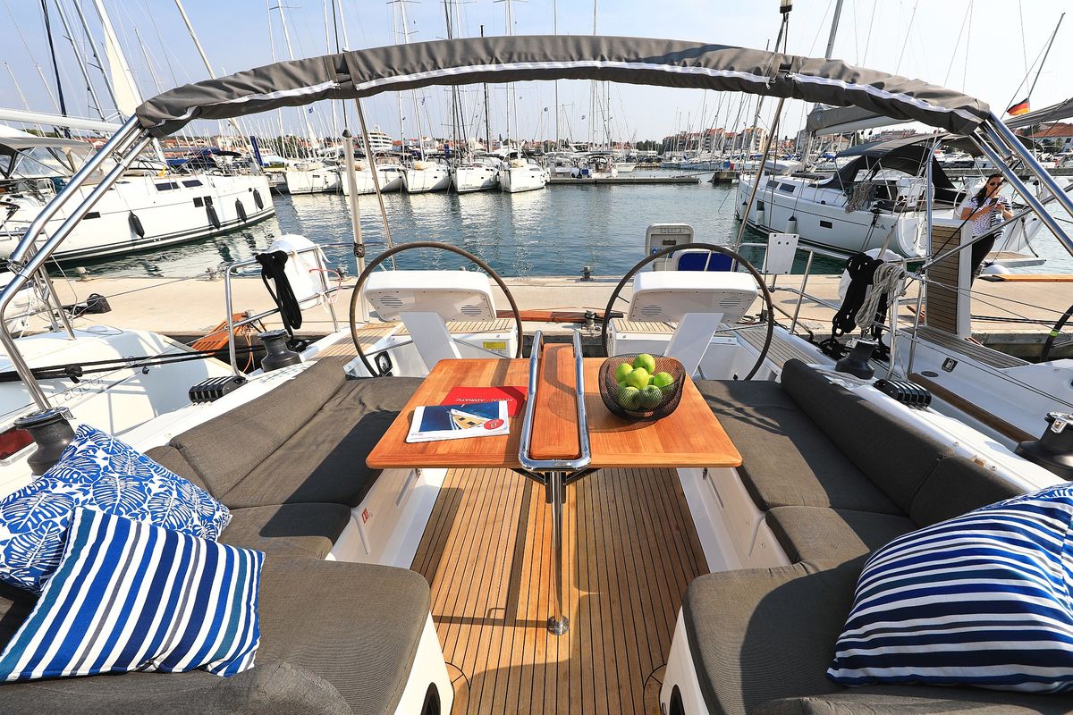 Cockpit of Amarena, a Hanse Yachts Hanse 458 sailboat at Općina Sukošan, Croatia