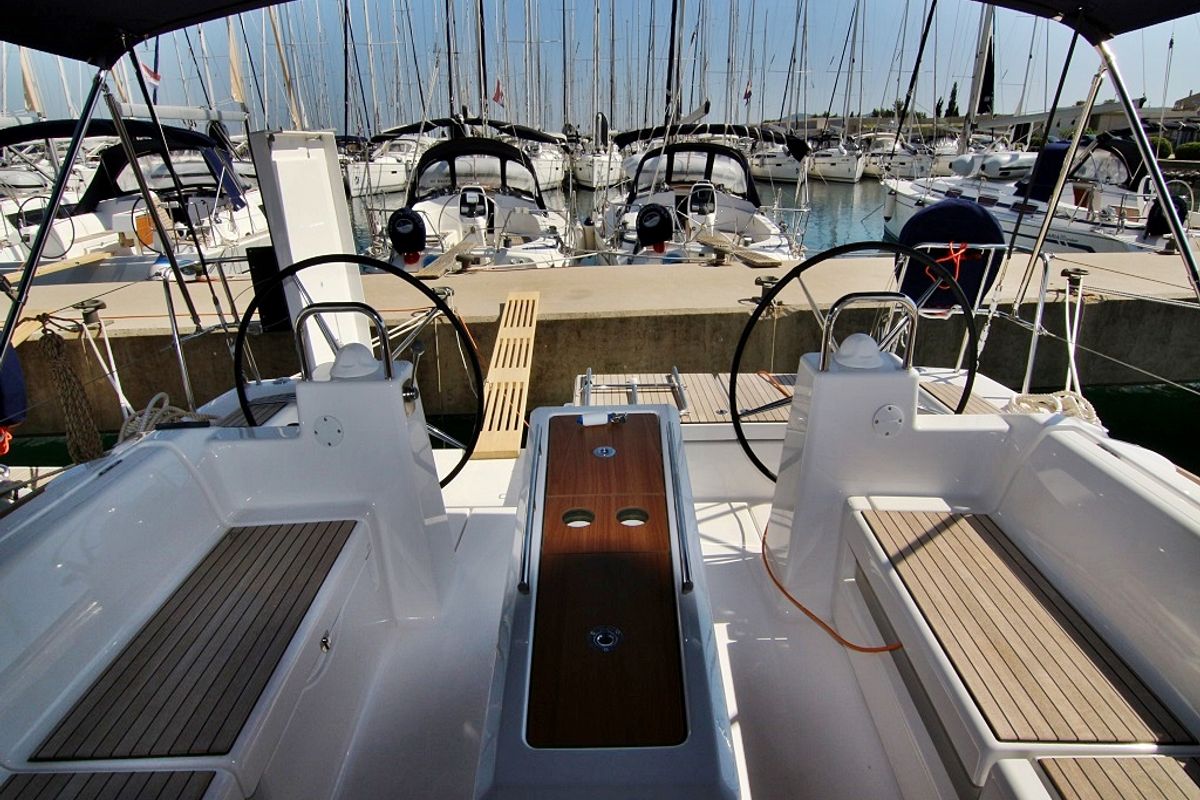 Cockpit of Lola, a Dufour 460 GL sailboat at Općina Sukošan, Croatia