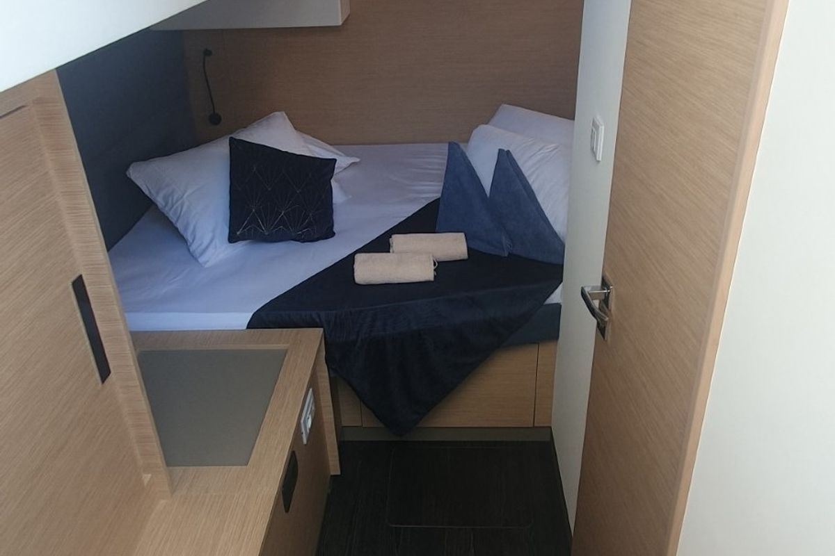 Cabin on Sunrise, a Fountaine Pajot Aura 51 catamaran at Seget Donji, Croatia