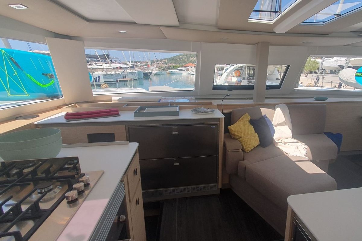 Salon of Sunrise, a Fountaine Pajot Aura 51 catamaran at Seget Donji, Croatia