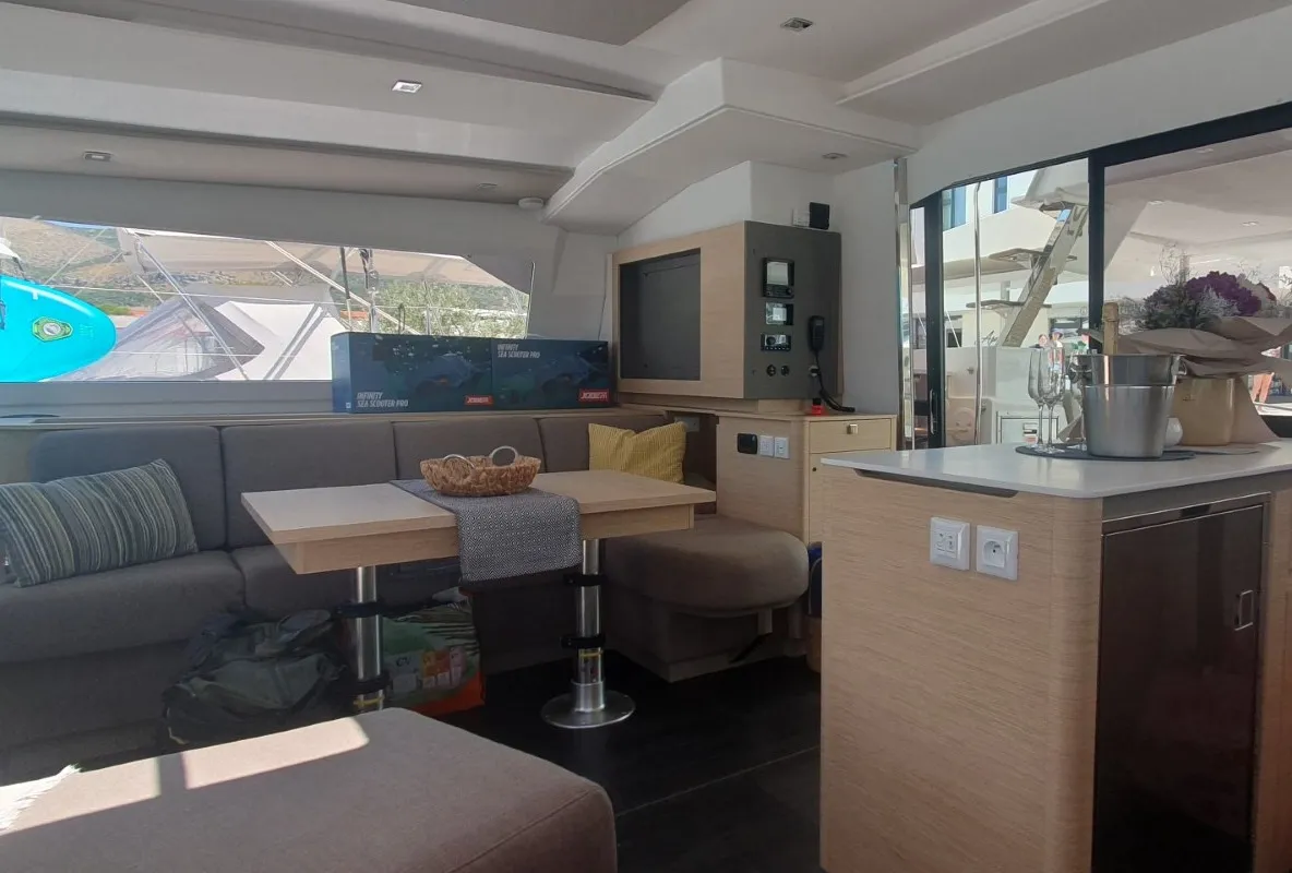 Salon of Sunrise, a Fountaine Pajot Aura 51 catamaran at Seget Donji, Croatia
