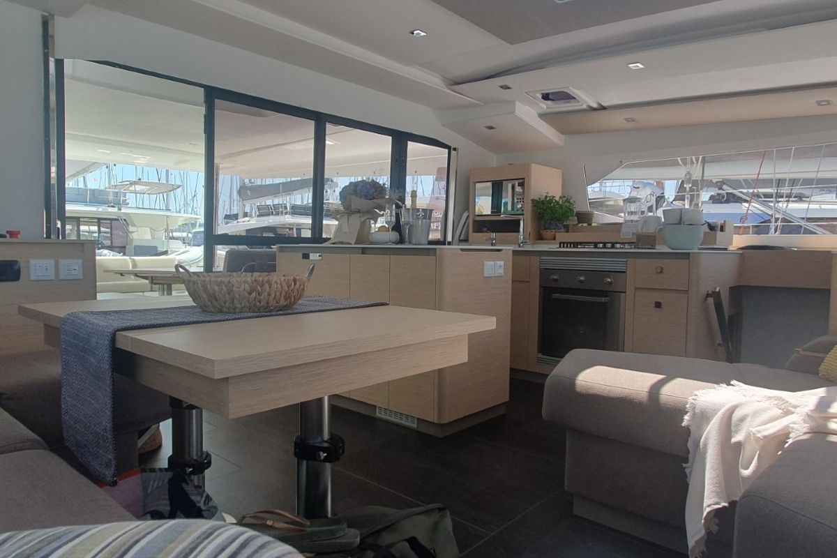 Salon of Sunrise, a Fountaine Pajot Aura 51 catamaran at Seget Donji, Croatia