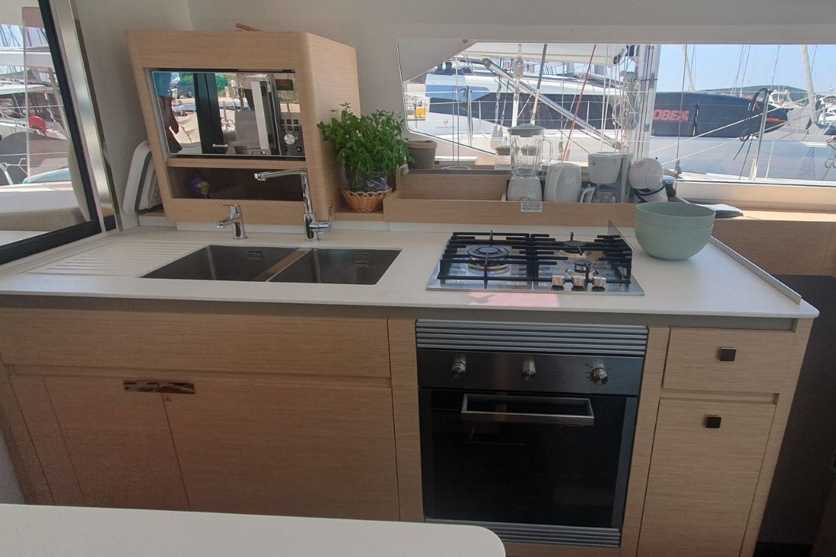 Galley of Sunrise, a Fountaine Pajot Aura 51 catamaran at Seget Donji, Croatia
