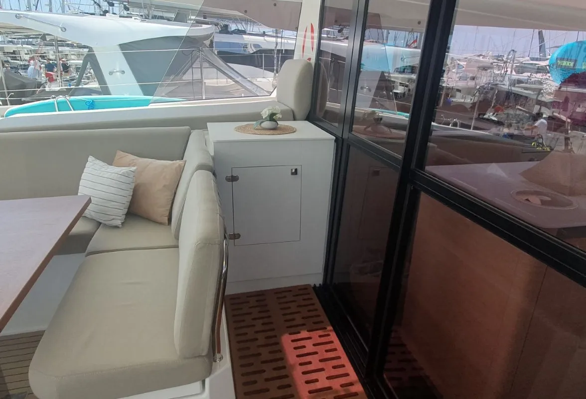 Deck of Sunrise, a Fountaine Pajot Aura 51 catamaran at Seget Donji, Croatia