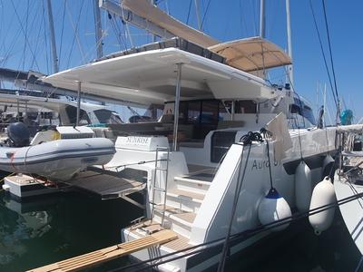 Deck of Sunrise, a Fountaine Pajot Aura 51 catamaran at Seget Donji, Croatia