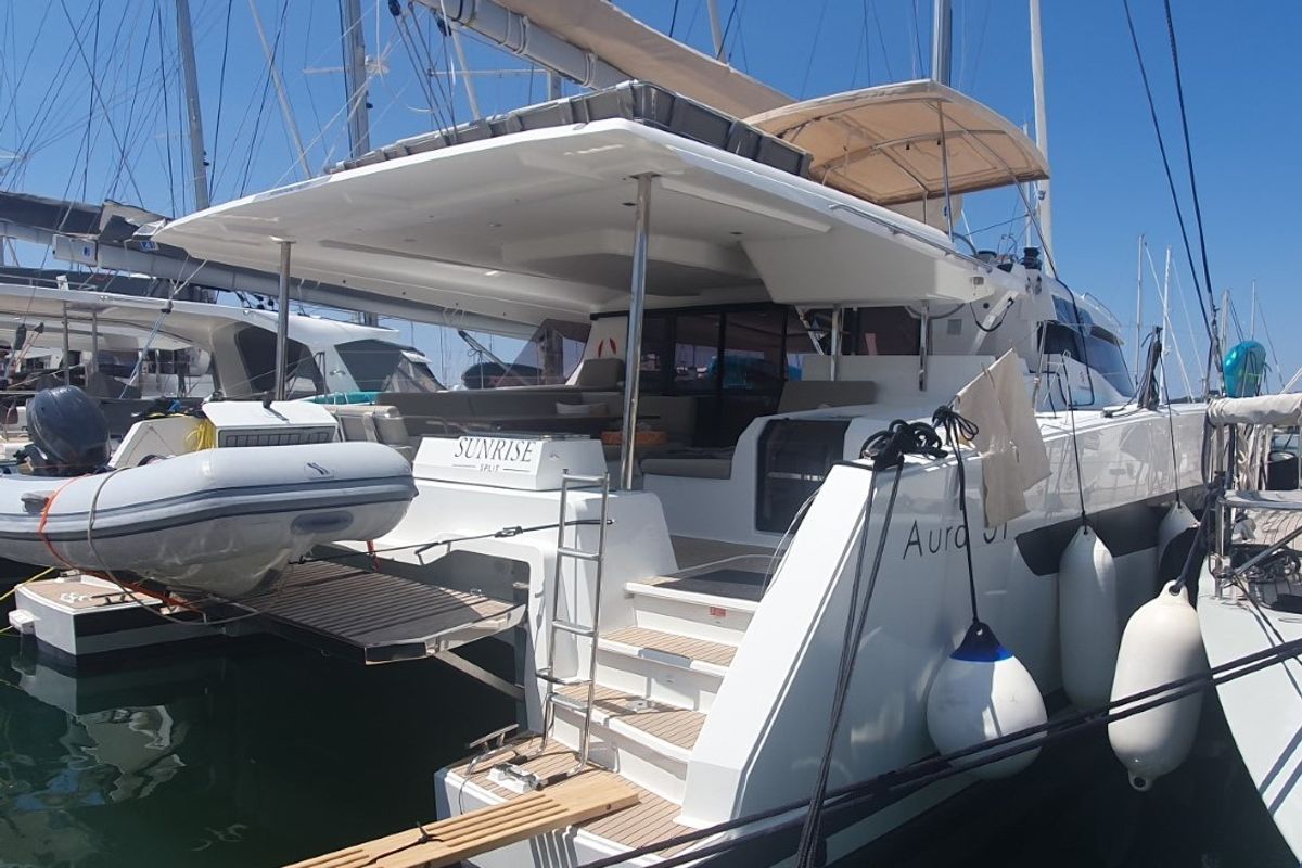 Deck of Sunrise, a Fountaine Pajot Aura 51 catamaran at Seget Donji, Croatia