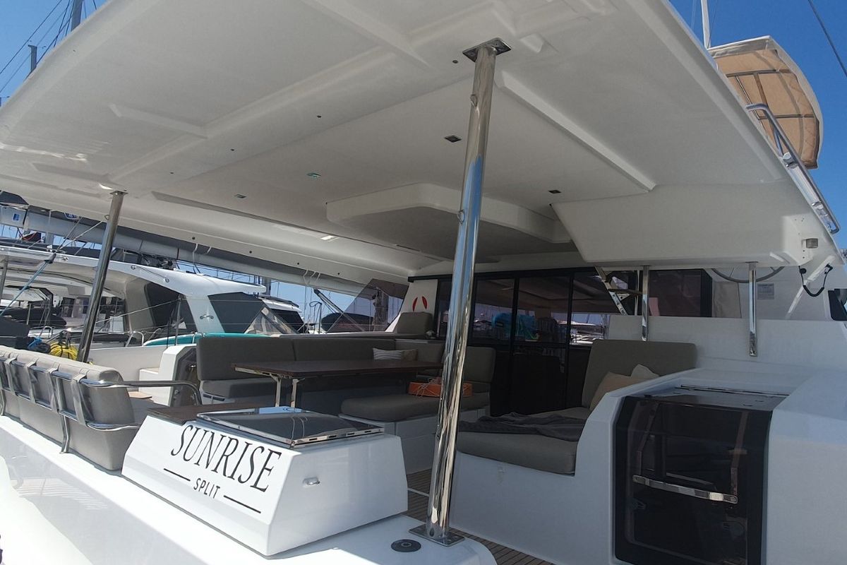 Deck of Sunrise, a Fountaine Pajot Aura 51 catamaran at Seget Donji, Croatia