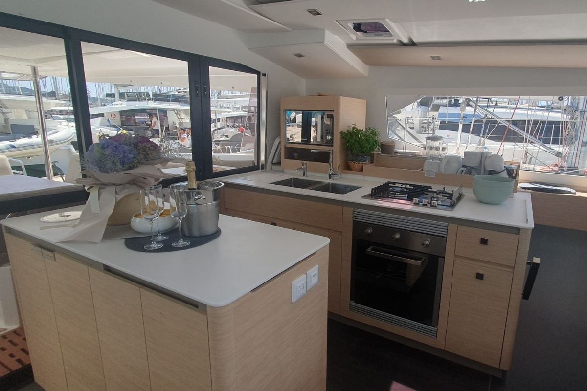 Galley of Sunrise, a Fountaine Pajot Aura 51 catamaran at Seget Donji, Croatia