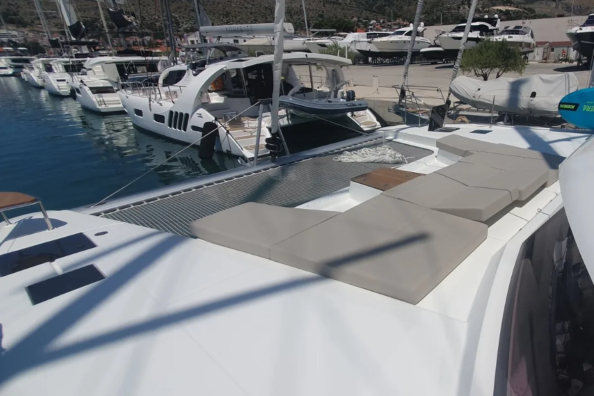 Deck of Sunrise, a Fountaine Pajot Aura 51 catamaran at Seget Donji, Croatia