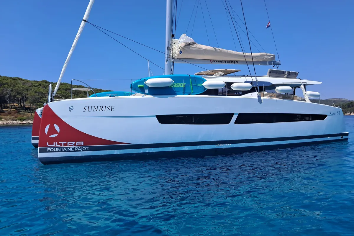 Exterior view of Sunrise, a Fountaine Pajot Aura 51 catamaran at Seget Donji, Croatia