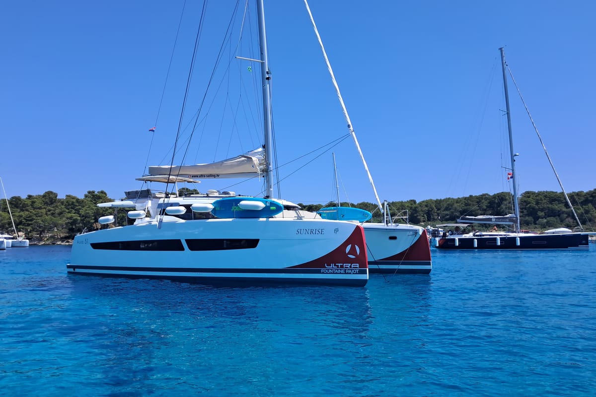 Exterior view of Sunrise, a Fountaine Pajot Aura 51 catamaran at Seget Donji, Croatia