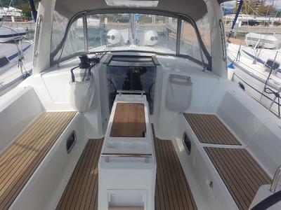 Cockpit of Matilde, a Beneteau Oceanis 38.1 sailboat at Puntone di Scarlino, Italy