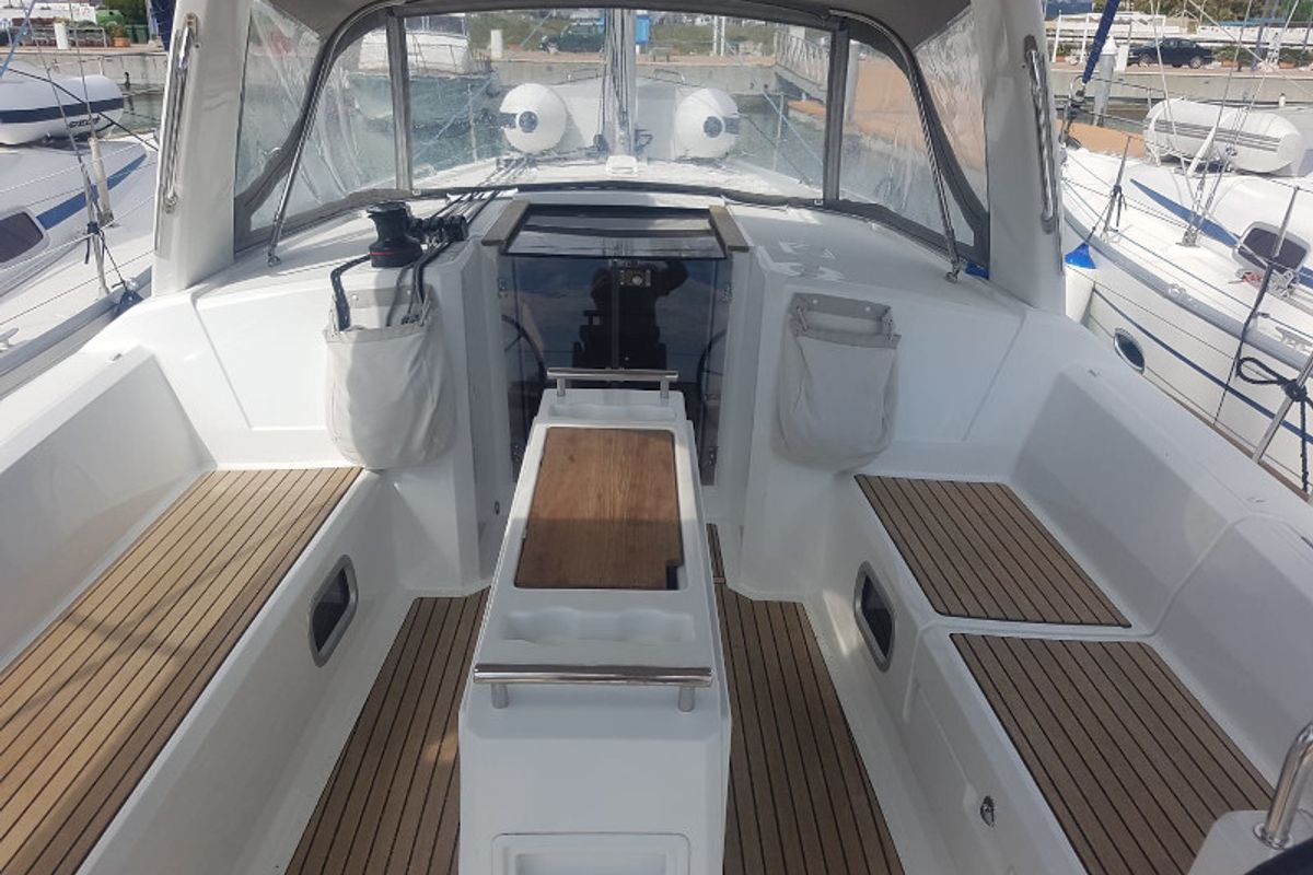 Cockpit of Matilde, a Beneteau Oceanis 38.1 sailboat at Puntone di Scarlino, Italy