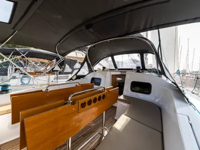 Deck of Pasithea, a Elan Impression 45.1 sailboat at Zadar, Croatia