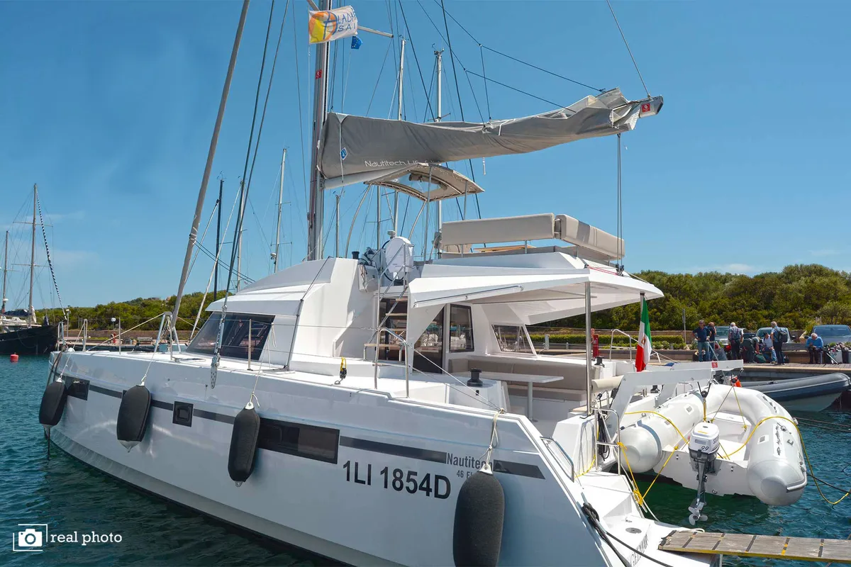 Exterior view of Gelmar, a Nautitech Rochefort Nautitech 46 Fly catamaran at Cannigione, Italy