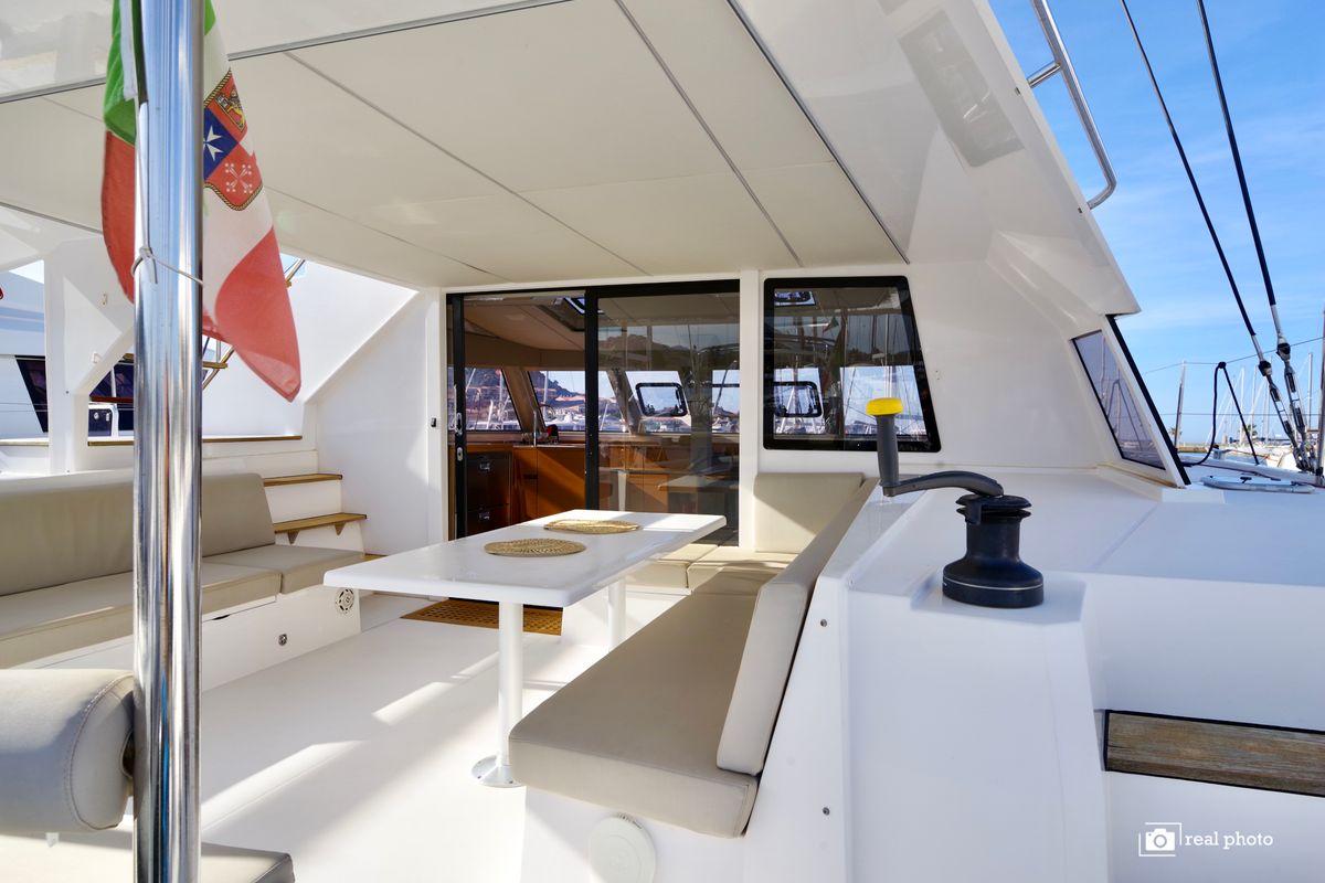 Deck of Gelmar, a Nautitech Rochefort Nautitech 46 Fly catamaran at Cannigione, Italy
