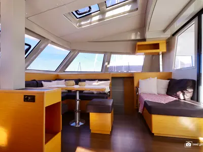 Salon of Gelmar, a Nautitech Rochefort Nautitech 46 Fly catamaran at Cannigione, Italy