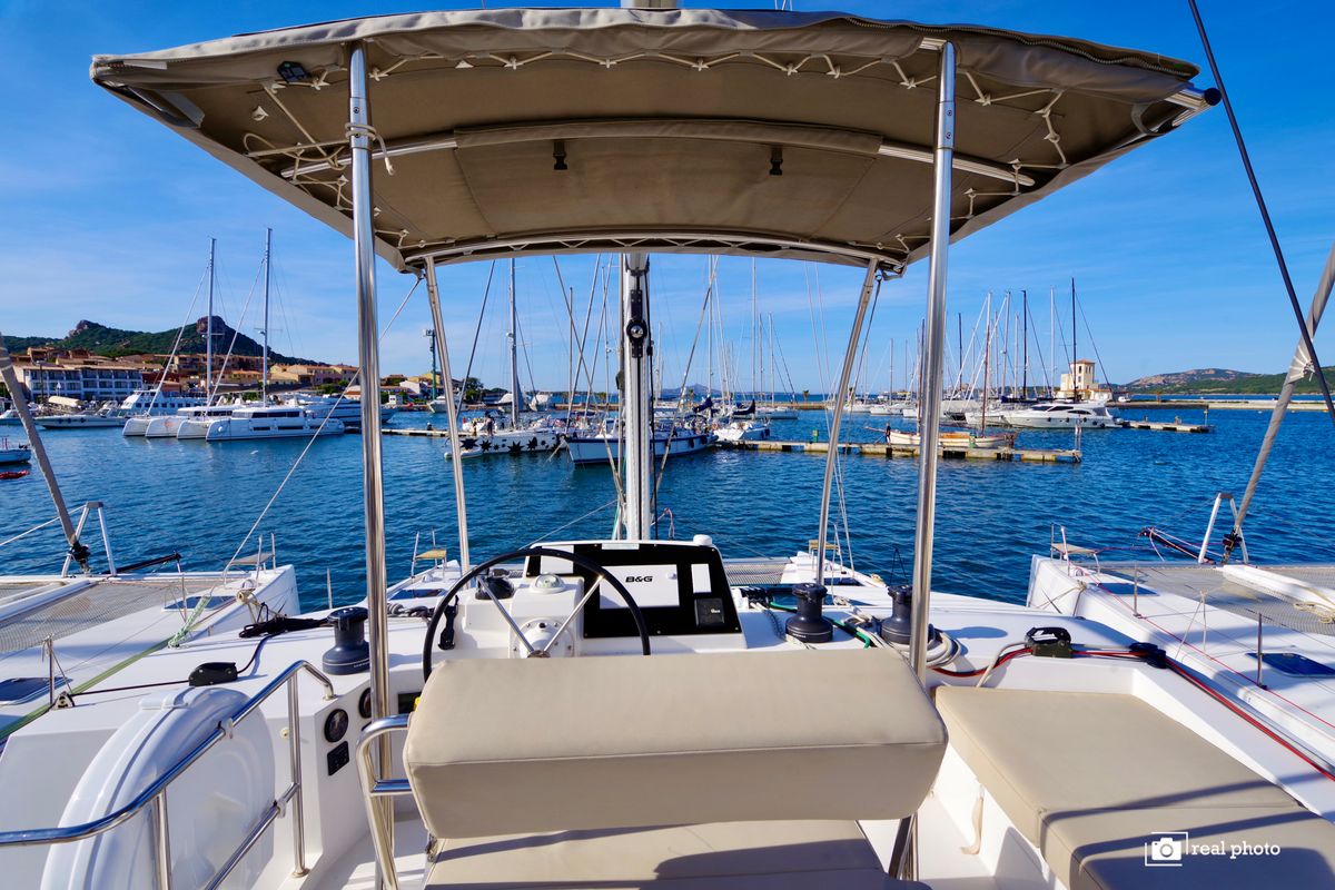 Cockpit of Gelmar, a Nautitech Rochefort Nautitech 46 Fly catamaran at Cannigione, Italy
