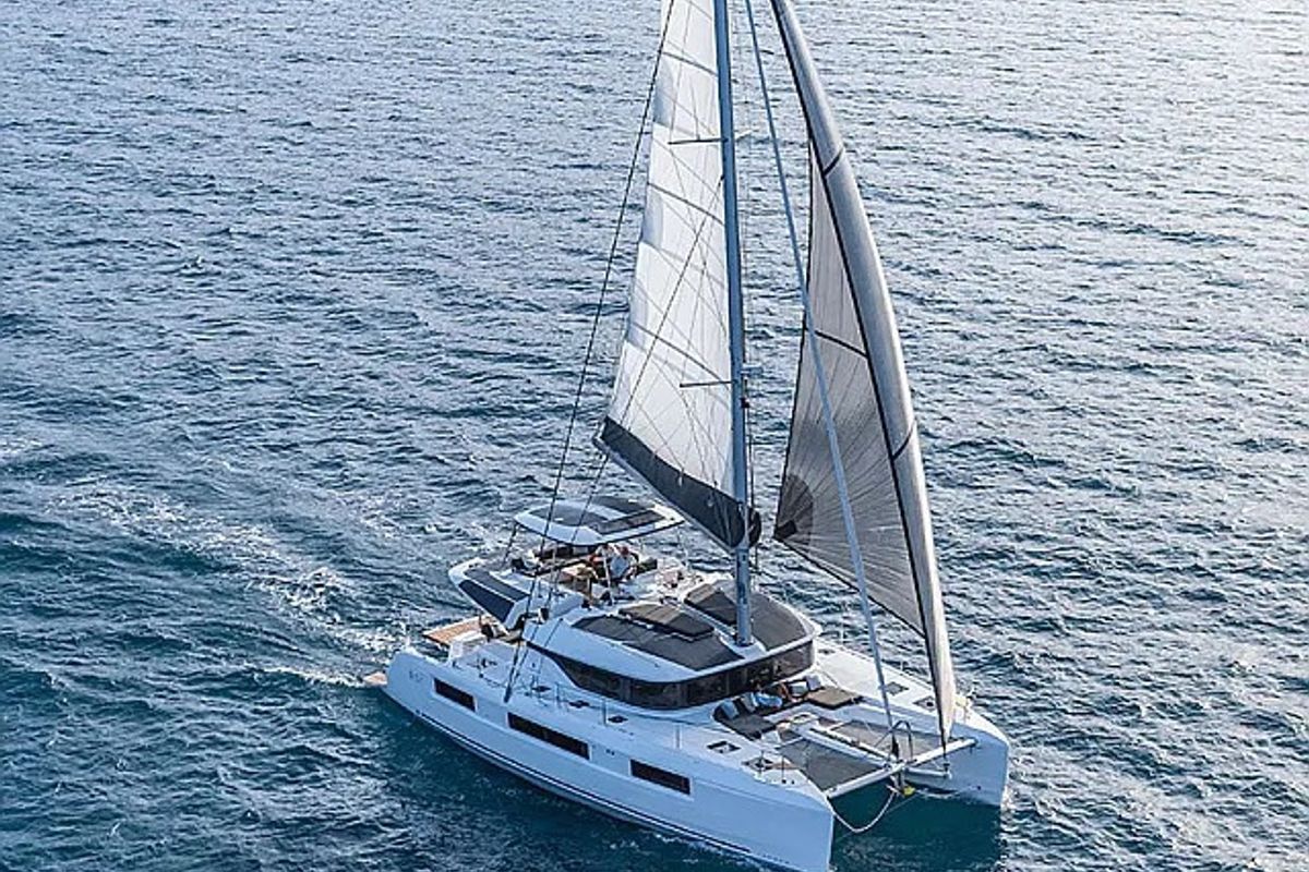 Exterior view of Moonshadow, a Lagoon 51 catamaran at Grad Trogir, Croatia