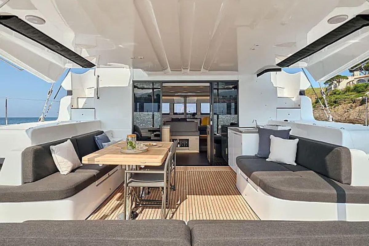 Deck of Moonshadow, a Lagoon 51 catamaran at Grad Trogir, Croatia