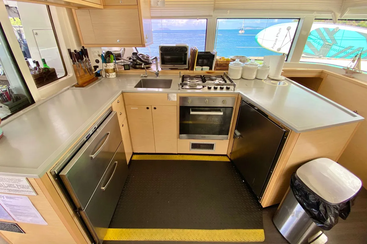 Galley of Ventana Al Mar, a Lagoon 52 catamaran at Belize City, Belize