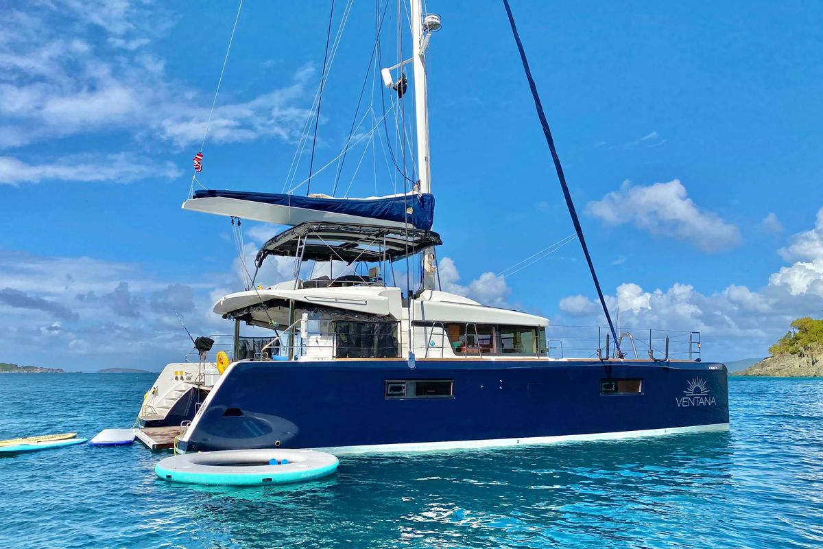 Exterior view of Ventana Al Mar, a Lagoon 52 catamaran at Belize City, Belize