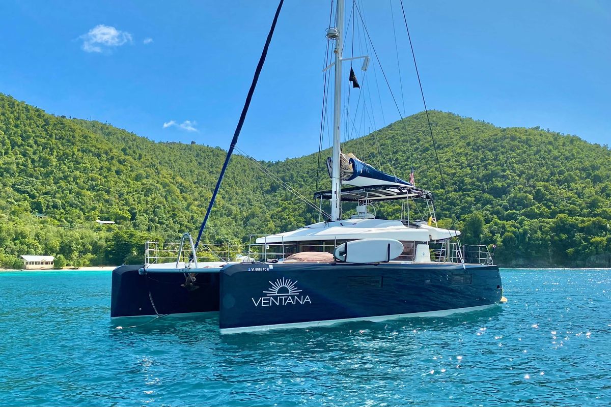 Exterior view of Ventana Al Mar, a Lagoon 52 catamaran at Belize City, Belize