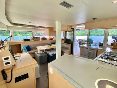 Salon of Ventana Al Mar, a Lagoon 52 catamaran at Belize City, Belize