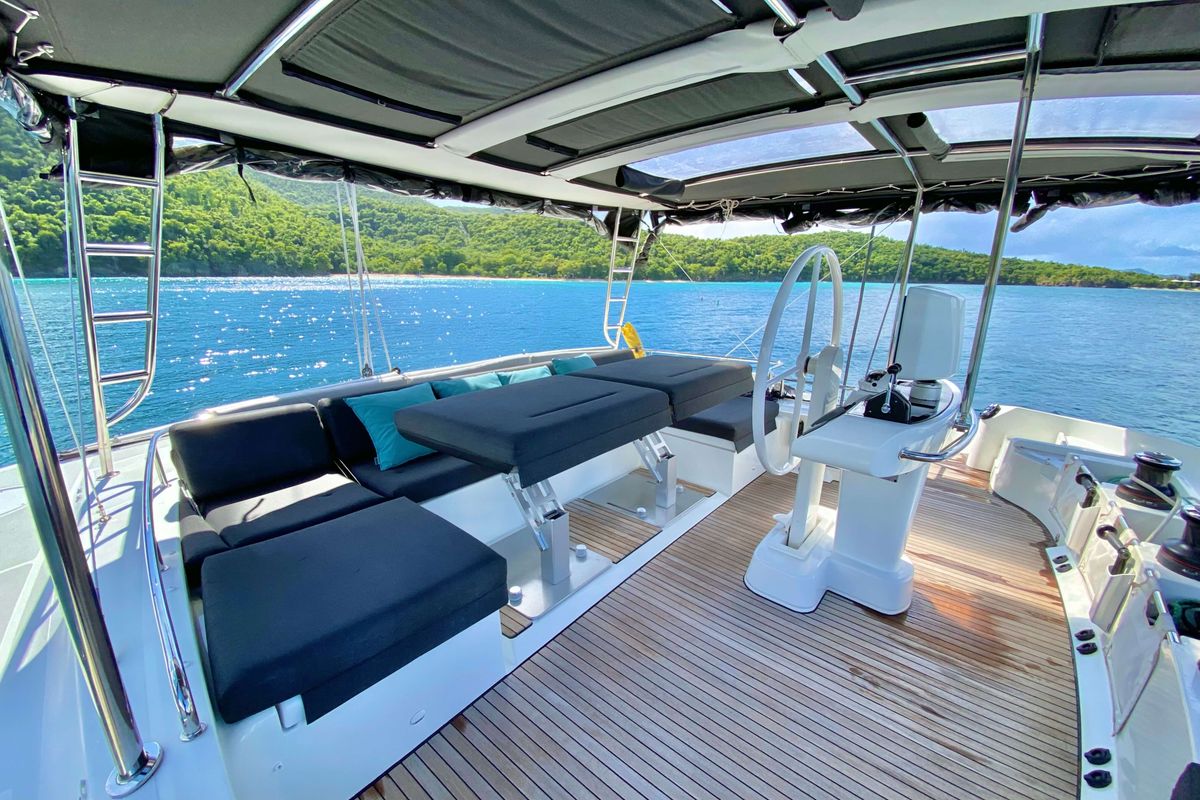 Deck of Ventana Al Mar, a Lagoon 52 catamaran at Belize City, Belize