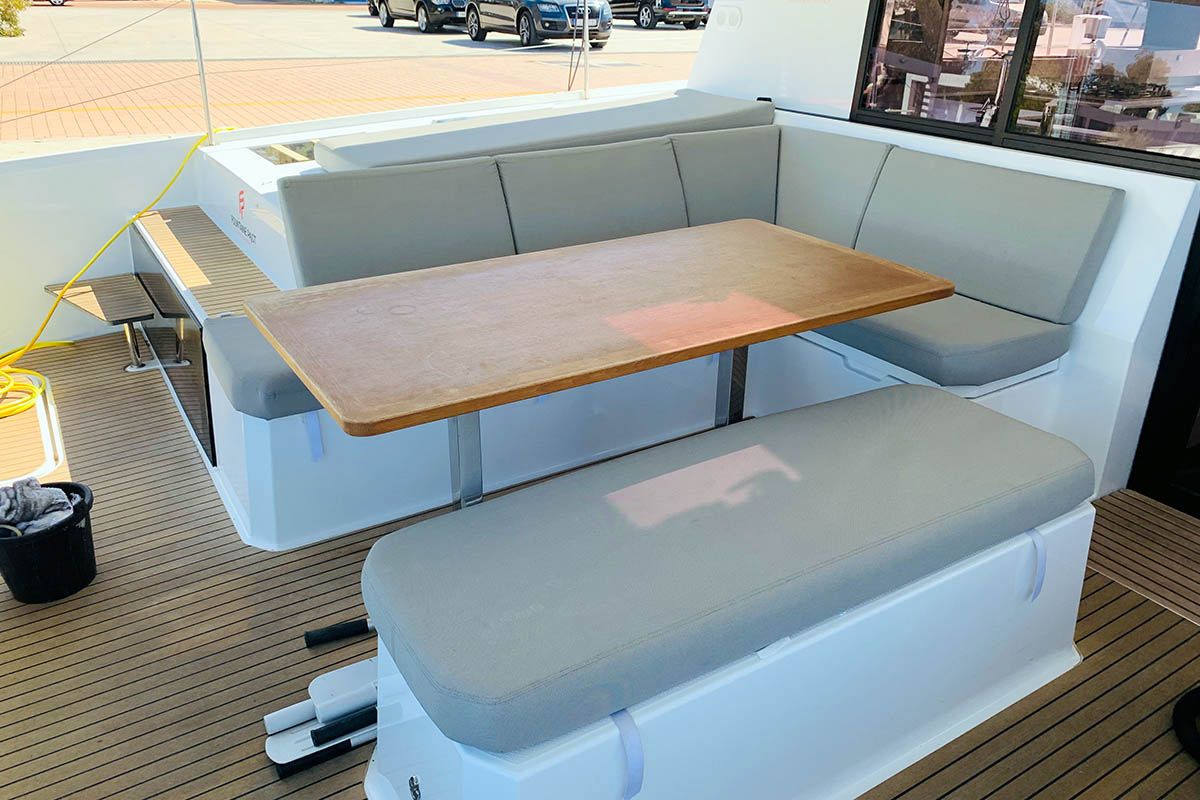 Deck of Be Nauti, a Fountaine Pajot Elba 45 catamaran at Road Town, British Virgin Islands