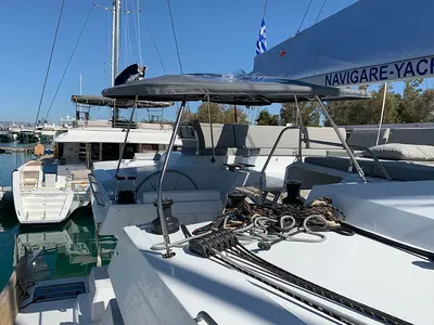 Cockpit of Be Nauti, a Fountaine Pajot Elba 45 catamaran at Road Town, British Virgin Islands