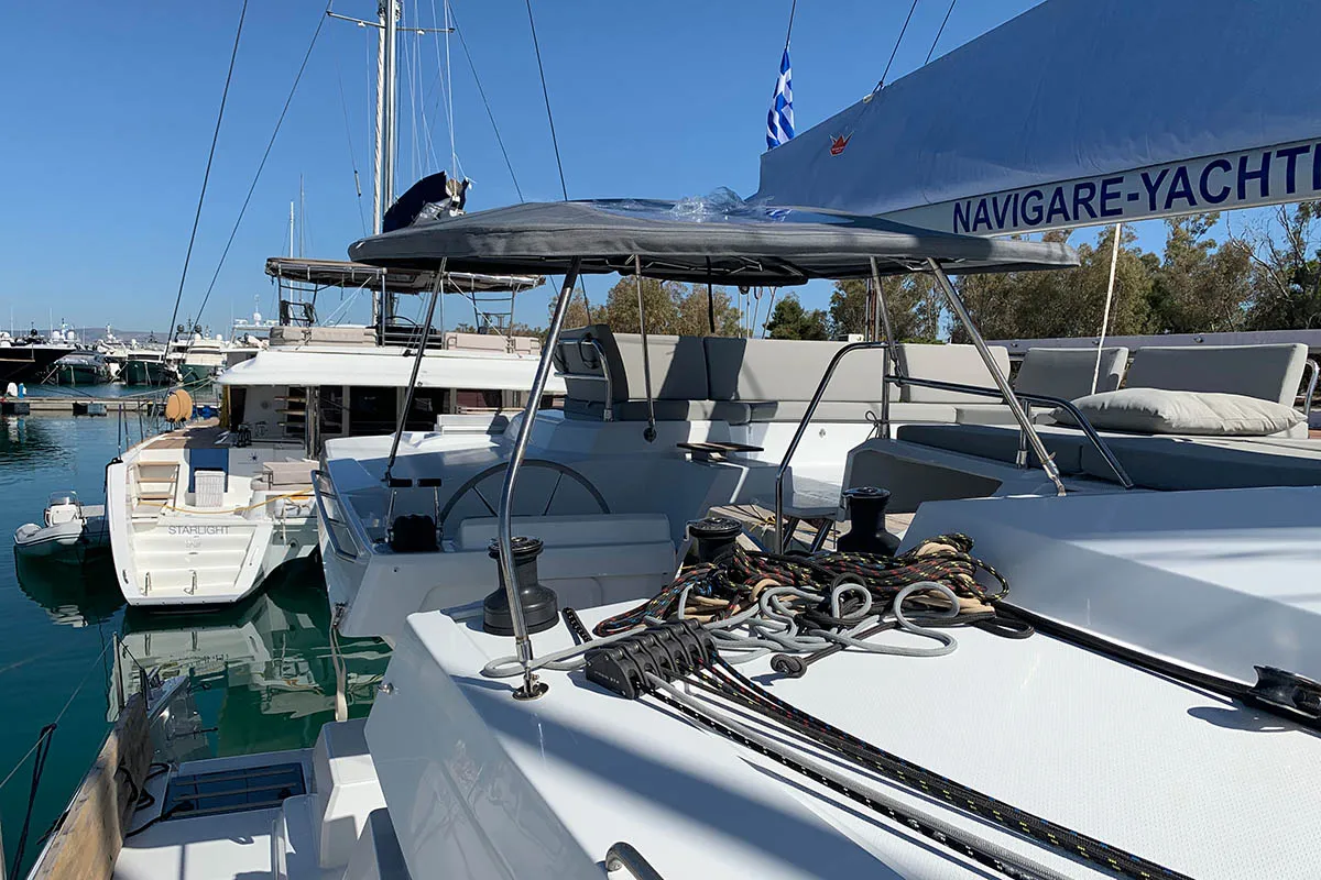 Cockpit of Be Nauti, a Fountaine Pajot Elba 45 catamaran at Road Town, British Virgin Islands