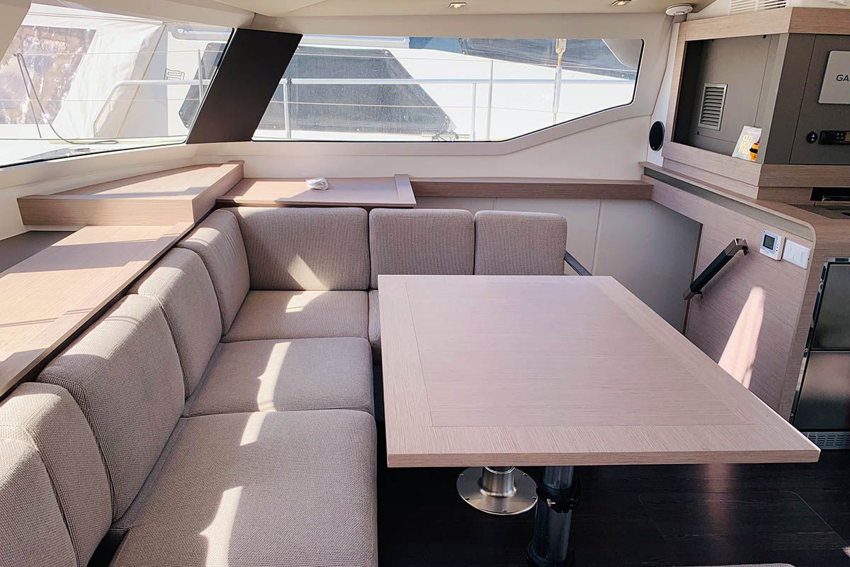 Salon of Be Nauti, a Fountaine Pajot Elba 45 catamaran at Road Town, British Virgin Islands