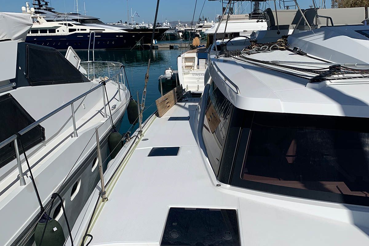 Exterior view of Be Nauti, a Fountaine Pajot Elba 45 catamaran at Road Town, British Virgin Islands