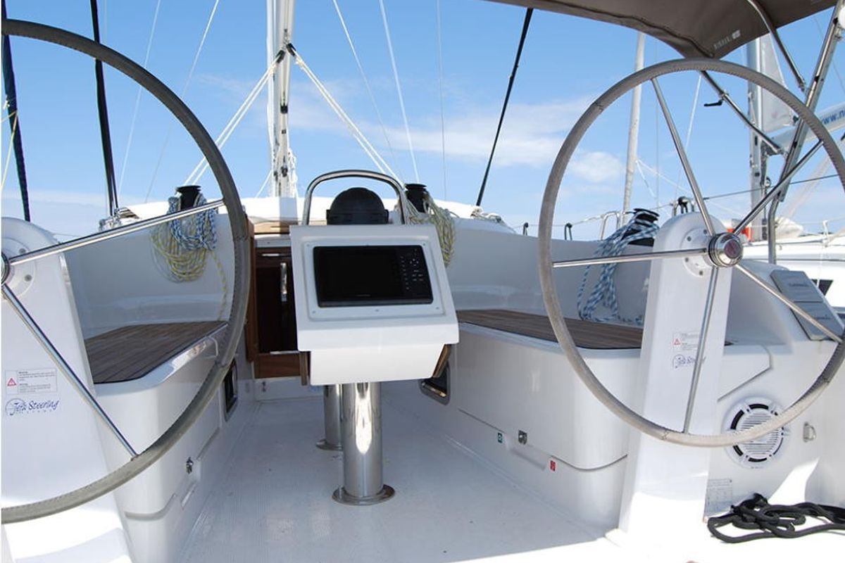 Cockpit of Bav37/2015, a Bavaria 37 Cruiser sailboat at Gouvia, Greece