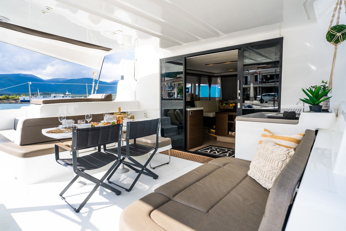 Deck of Solana, a Lagoon 50 catamaran at Municipal Unit of Palairos, Greece
