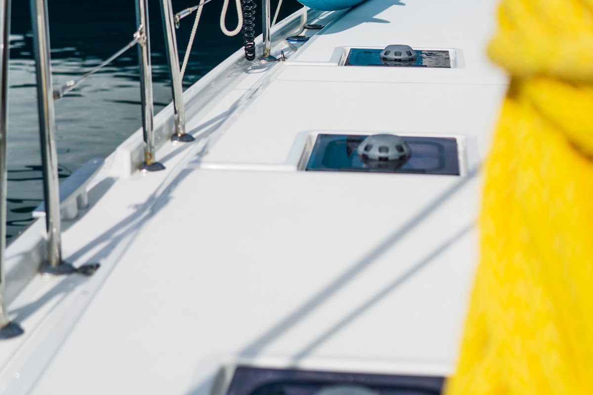 Deck of Solana, a Lagoon 50 catamaran at Municipal Unit of Palairos, Greece