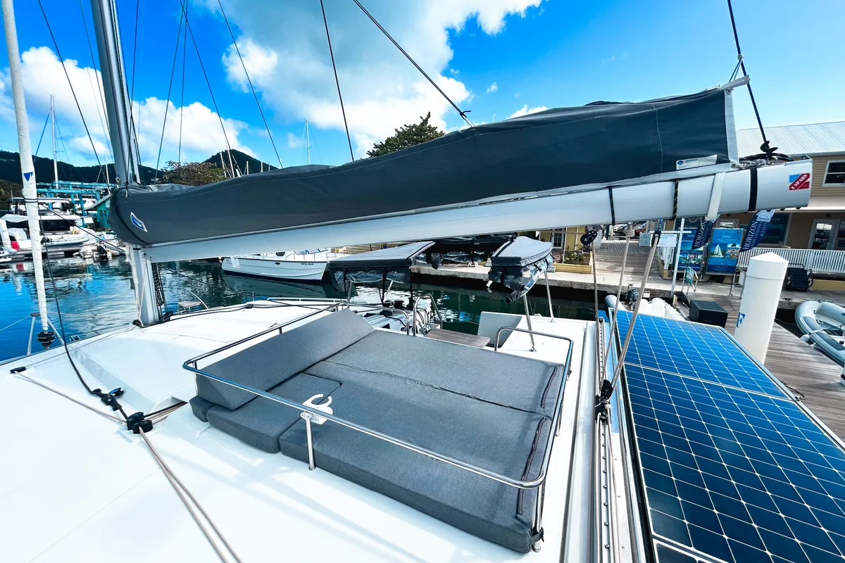 Deck of Pizza My Heart, a Fountaine Pajot Isla 40 catamaran at Road Town, British Virgin Islands