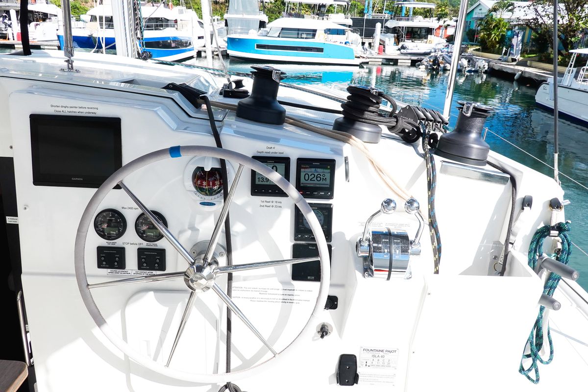 Deck of Pizza My Heart, a Fountaine Pajot Isla 40 catamaran at Road Town, British Virgin Islands