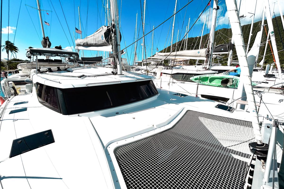 Deck of Pizza My Heart, a Fountaine Pajot Isla 40 catamaran at Road Town, British Virgin Islands