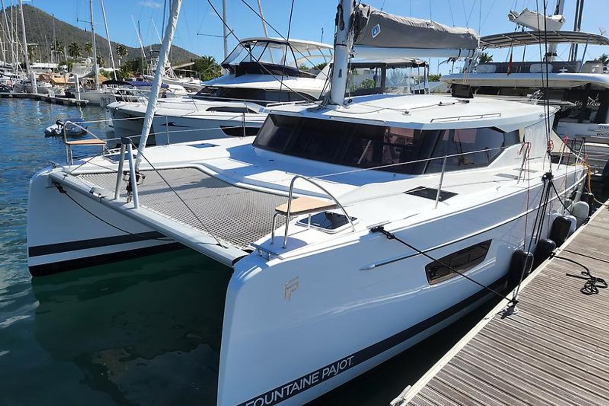 Exterior view of Pizza My Heart, a Fountaine Pajot Isla 40 catamaran at Road Town, British Virgin Islands