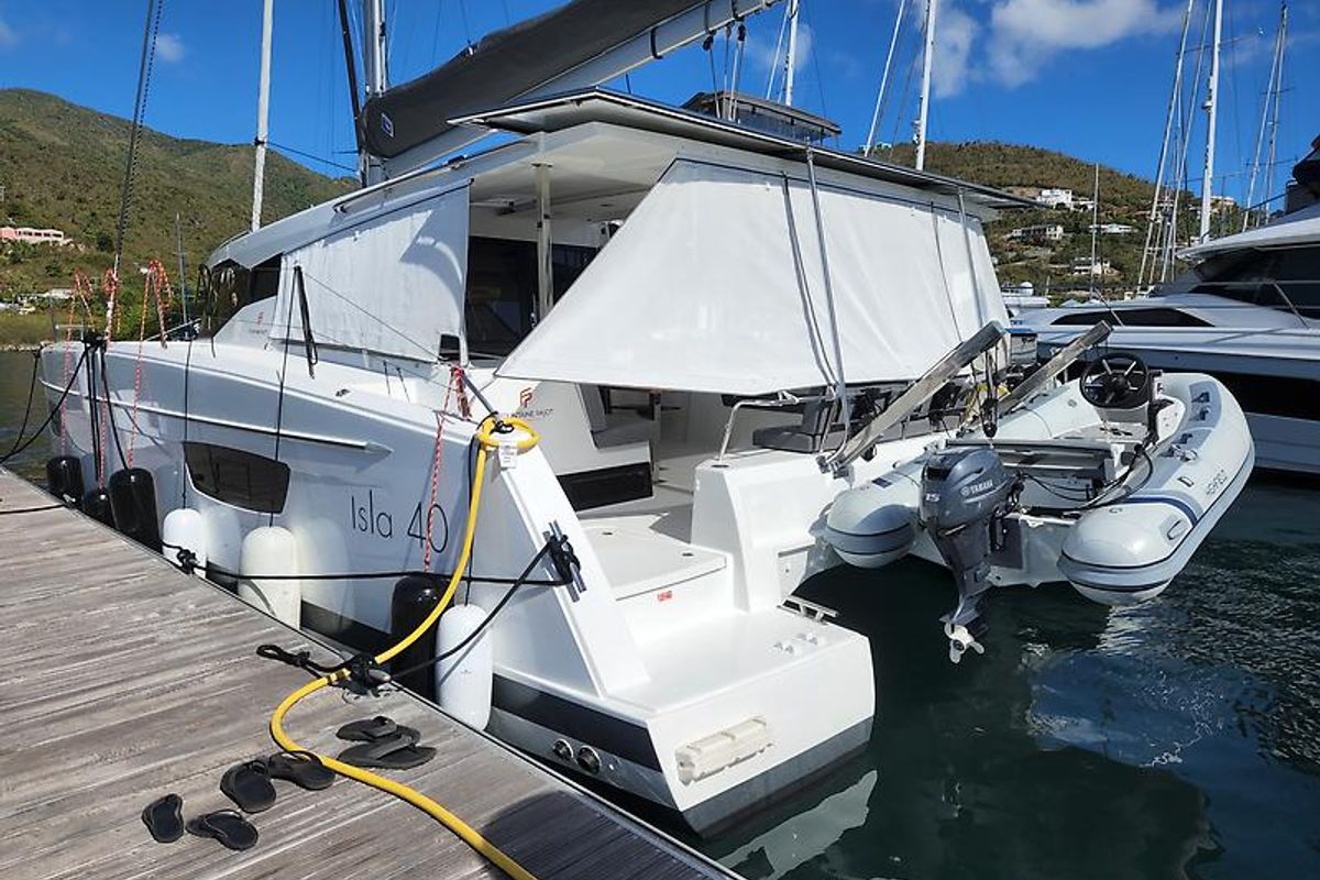 Exterior view of Pizza My Heart, a Fountaine Pajot Isla 40 catamaran at Road Town, British Virgin Islands